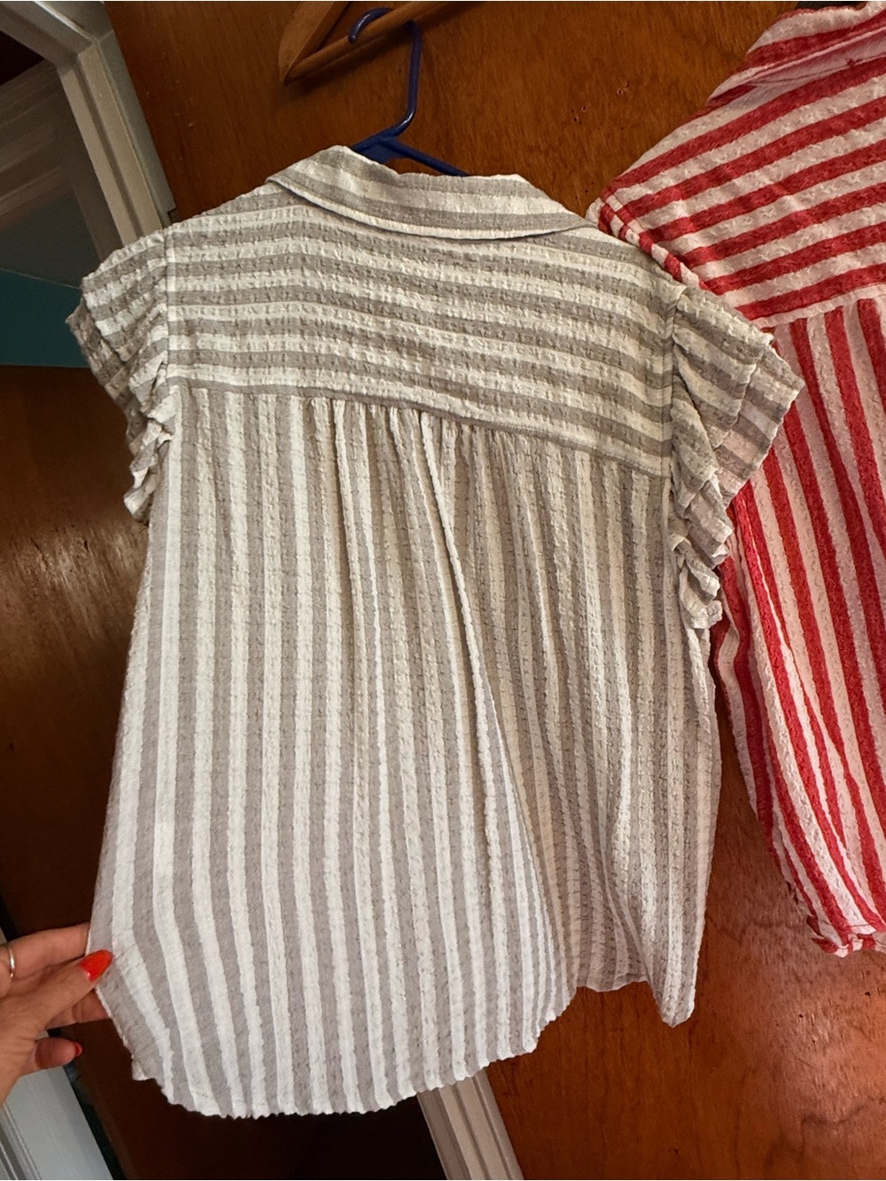 Bundle- Jane and Delancey Red & White/grey white Striped Button-Down Tops (Pair) - Picture 7 of 12